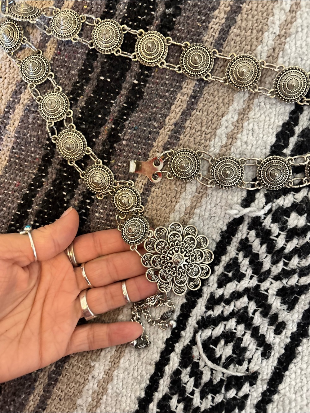 Boho Silver Concho Belt with Floral Medallion - Picture 2 of 2